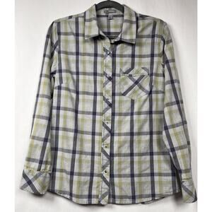 Horny Toad Shirt Womens M Green Grayish Plaid Organic Cotton Snap Down Western